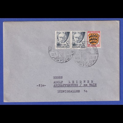 Franz. Zone Rh.-Pfalz Mi-Nr. 1 in MIF auf Brief aus Bodenheim vom 20.3.48