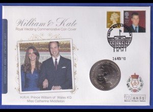 Großbritannien 2010 Hochzeit von William und Kate Souvenir-FDC mit Münze 