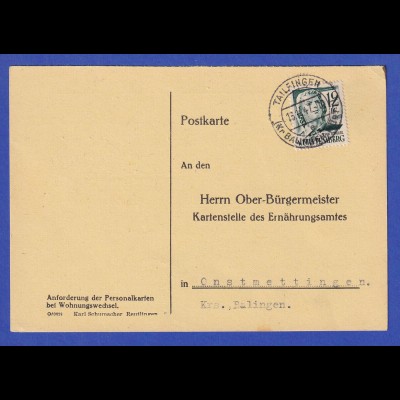 Franz. Zone Württemberg Mi-Nr. 4 EF auf Postkarte mit O TAILFINGEN 13.11.47