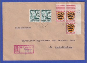 Franz. Zone Württemberg Mi-Nr. 4 in MIF auf R-Brief O LINDENBERG 14.4.48