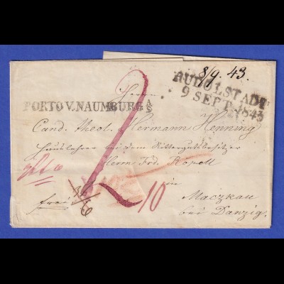Preußen Brief mit Einzeiler RUDOLSTADT und PORTO V. NAUMBURG A/S 1843