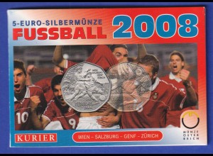 Österreich 5-Euro-Silbermünze 2008 FUSSBALL im Folder, handgehoben