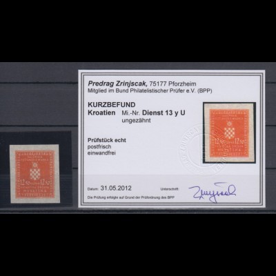 Kroatien / Hrvatska Dienstmarke Mi.-Nr. 13y ungezähnt gepr. mit KB Zrinjscak