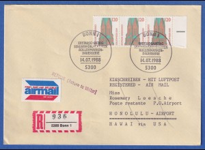 Bund 1988 Schleswiger Dom Mi.-Nr. 1375 Rand-Dreierstreifen auf R-FDC nach Hawaii