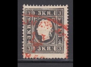 Österreich 2.Ausgabe Kaiser Franz Joseph, 3 Kr. schwarz Type II , Mi-Nr 11 II O 