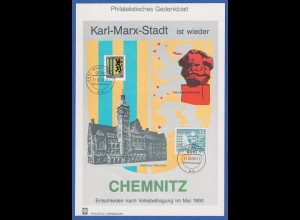 DDR 1990 Philatelistisches Gedenkblatt Umbenennung KARL-MARX-STADT - CHEMNITZ