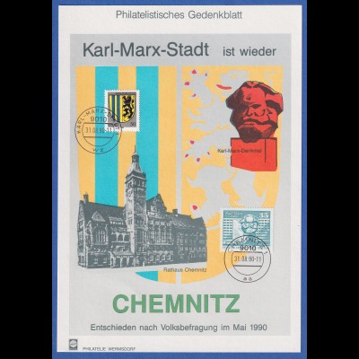 DDR 1990 Philatelistisches Gedenkblatt Umbenennung KARL-MARX-STADT - CHEMNITZ