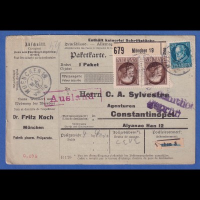 Bayern 1 M Ludwig III. Mi-Nr.104 I Paar a. Paketkarte München n. Constantinopel