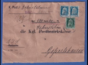 Bayern Dienstmarke 20 Pf Luitpold Mi-Nr. 9 Wertbrief Diedorf n. Gessertshausen