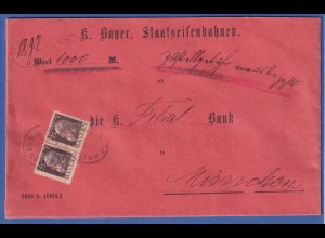 Bayern Dienstmarke 25 Pf Luitpold Mi-Nr.10 Paar, Wertbrief Schwindegg n. München