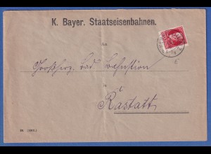 Bayern Dienstmarke 10 Pf Ludwig III. Mi-Nr. 14 A, gel. von Kempten n. Rastatt
