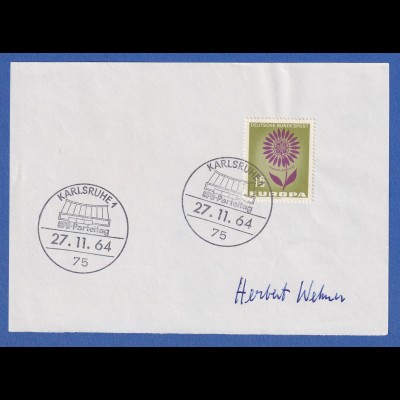 Herbert Wehner original-Autogramm auf Vorlage mit Briefmarke 1964