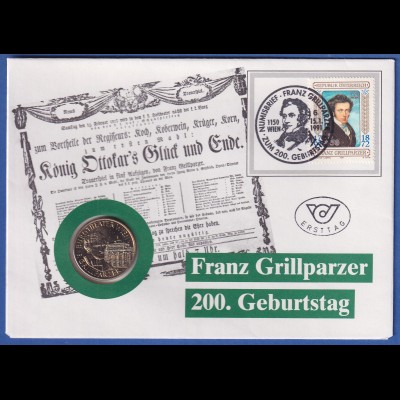 Österreich Numisbrief 1991 Franz Grillparzer mit Mi.-Nr. 2013 und 20-S-Münze