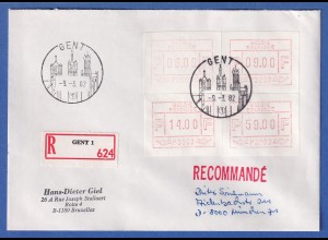 Belgien FRAMA-ATM 1.Ausgabe 1981 Aut.-Nr. P3003 Gent R-Brief mit 4 ATM