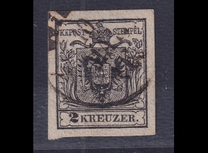 Österreich 1. Ausgabe Handpapier 2 Kr schwarz Mi.-Nr. 2 X a, O, waag. Bug