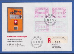 Schweiz 1976, 1. FRAMA-ATM Ausgabe A1-A4 zusammen auf R-Bf O BERN 14.9.78