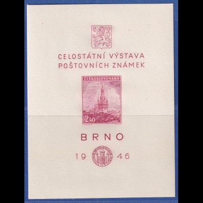 Tschechoslowakei 1946 Briefmarkenausstellung Brno Mi.-Nr. Block 9 postfrisch **