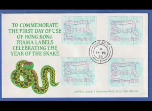 Hongkong FRAMA-ATM 1989 Schlange Aut-Nr. 01 und 02 je Satz 4 Werte auf FDC