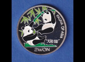 Nordkorea 2000 Silbermünze 2 Won Pandas teilkoloriert 7g Ag999 PP