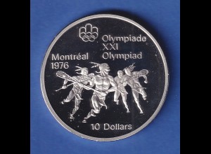 Kanada,10 Dollar Olympia-Silbermünze Montreal 1976, Lacrossespieler 48,4g Ag925