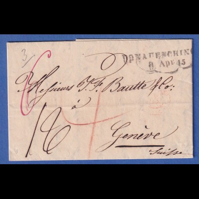 Baden Vorphila-Brief mit Zweizeiler DONAUESCHINGEN 1845