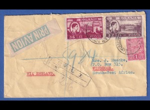 Rumänien 1948 Schöner Luftpost-R-Brief beids. frankiert a. SIBIU n. Windhoek SWA