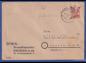 SBZ Bezirkshandstempel Bezirk 14 Dresden, 24 Pfg EF auf Brief nach Berlin