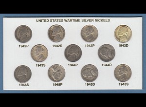 USA 1942-45 Kollektion alle 11 verschiedenen 5Cent "wartime silver nickels" 
