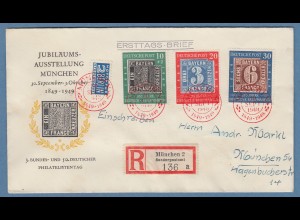 Bundesrepublik 1949 Mi-Nr. 113-115 auf R-FDC mit rotem So.-O München 30.9.49
