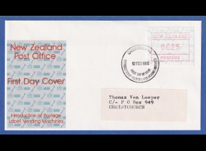 Neuseeland Frama-ATM 2. Ausg. 1986 Wert 00,25 auf adress. FDC 