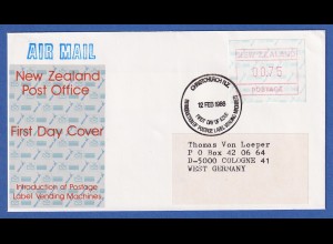 Neuseeland Frama-ATM 2. Ausg. 1986 Wert 00,75 auf adress. Lp-FDC 